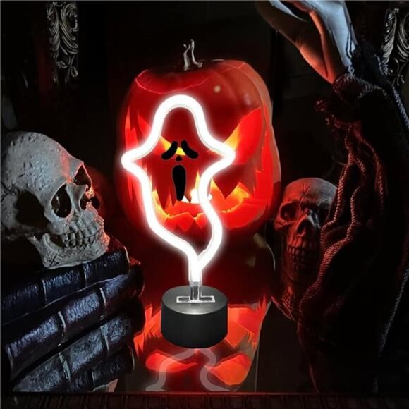 Halloween Ghost Neon Sign, Decoration LED Light Sign with Base, Ghost Shape Lamp - Picture 2 of 7